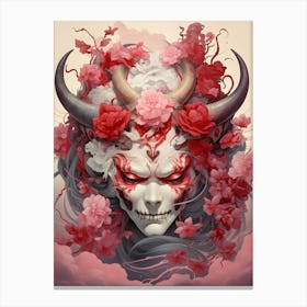 Horned Skull with Red Flowers Canvas Print