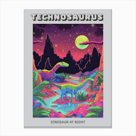 Neon Dinosaur At Night In Jurassic Landscape 4 Poster Canvas Print
