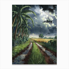 Anime Canvas Art: Rainy Rural Landscape with Storm Clouds, Palm Trees, and a Reflective Muddy Path, Perfect for Lofi Aesthetic and Moody Nature Lovers. Canvas Print