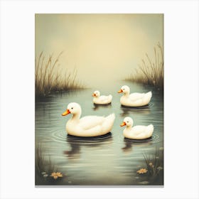 Nostalgic Duck Family A Vintage Inspired Painting Of A Duck Family Swimming In A Pond, Canvas Print