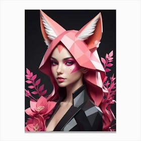 Low Poly Fox Girl,Black And Pink Flowers (2) Canvas Print
