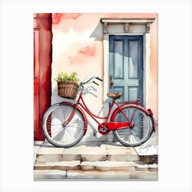 Red Bicycle In Front Of Door Canvas Print