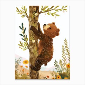 Brown Bear Cub Climbing A Tree Storybook Illustration 4 Canvas Print