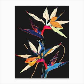Neon Flowers On Black Bird Of Paradise 3 Canvas Print