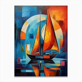 Sailing Boat at Sunset V, Avant Garde Vibrant Colorful Painting in Cubism Picasso Style Canvas Print