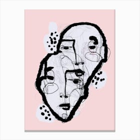 DOT DUO PINK - Face, Black, White, Pastel Pink Graphic Portrait  Line Drawing Canvas Print