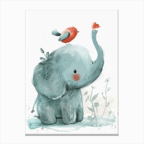 Small Joyful Elephant With A Bird On Its Head 2 Canvas Print