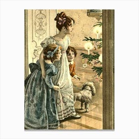 Mother With Two Kids, Victorian Vintage Holiday Poster Canvas Print