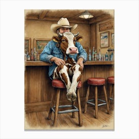 Cowboy And Cow Canvas Print