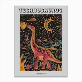 Orange & Mustard Neon Line Dinosaur Poster Canvas Print