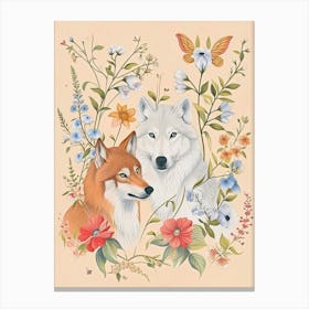 Folksy Floral Animal Drawing Wolf 2 Canvas Print