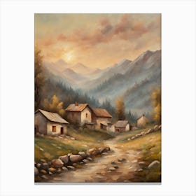 Village At Sunshine in the mountains oil painting style portrait format Canvas Print