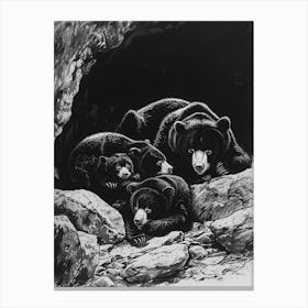 Malayan Sun Bear Family Sleeping In A Cave Ink Illustration 3 Canvas Print
