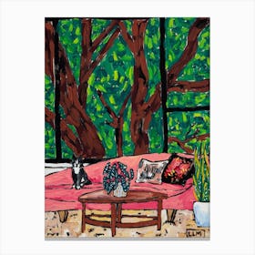 Tuxedo Cat In Green And Pink Garden Room Interior Canvas Print