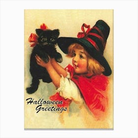 Halloween Greetings, Witch Girl With A Black Cat Canvas Print