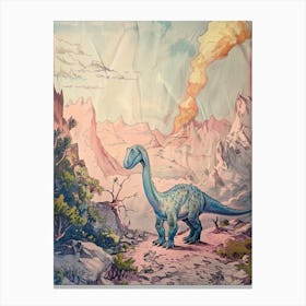 Dinosaur Watching The Volcano Storybook Painting Canvas Print