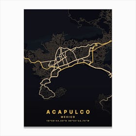 Acapulco Mexico Black And Gold Map Canvas Print