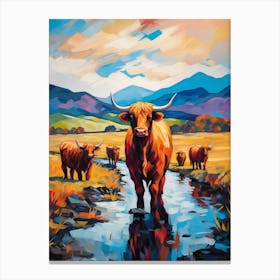 Highland Cows In The River Canvas Print