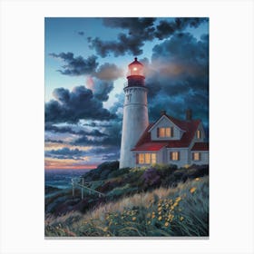 Lofi Lighthouse Art: A glowing red beacon on a coastal lighthouse, set against a dramatic evening sky. A cozy keeper's house glows warmly amid windswept grass and flowers, evoking nostalgic vibes. Canvas Print