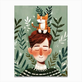 Boy With Cat On His Head Canvas Print