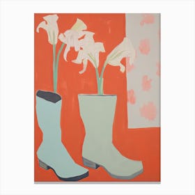 Painting Of White Flowers And Cowboy Boots, Oil Style 9 Canvas Print