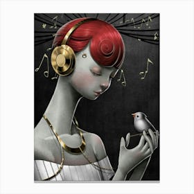 Girl With Headphones And A Bird Canvas Print