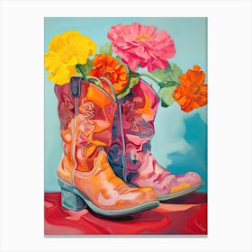 Oil Painting Of Colourful Flowers And Cowboy Boots, Oil Style 3 Canvas Print