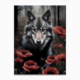 Dark Aesthetic Wolf in Red Poppy Woods - Awaits You in the Fading Forest - Romantic Gothic Art by Sarah Valentine Canvas Print