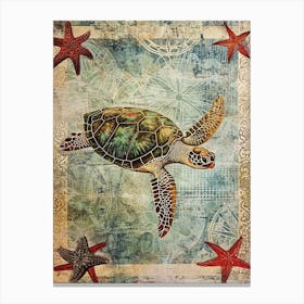 Sea Turtle & Star Fish Textured Collage 4 Canvas Print