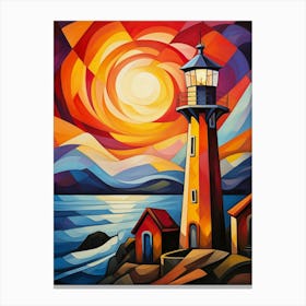 Lighthouse Tower at Sunset II, Vibrant Colorful Painting in Cubism Picasso Style Canvas Print