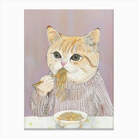 White And Tan Cat Pasta Lover Folk Illustration 3 Canvas Print
