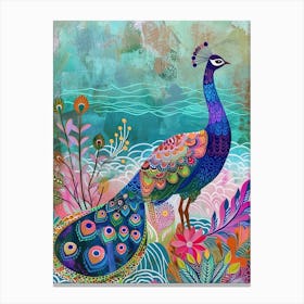 Folky Peacock On The Beach 2 Canvas Print