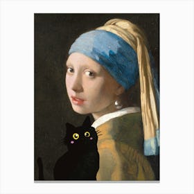 Girl With Pearl Earring And Cat Canvas Print