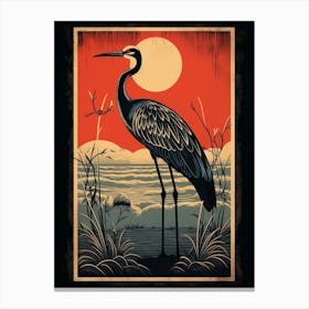 Vintage Bird Linocut Crane 4 Canvas Print
