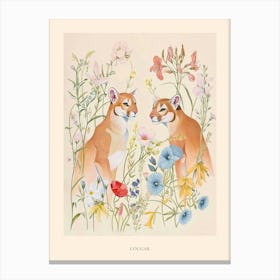 Folksy Floral Animal Drawing Cougar Poster Canvas Print