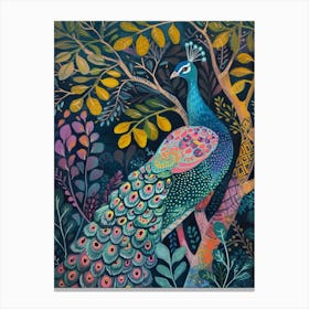 Folky Peacock In The Leaves 2 Canvas Print