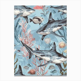 Pastel Blue White Tip Reef Shark Watercolour Seascape Pattern 1 Canvas Print