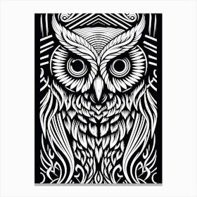 B&W Bird Linocut Owl 3 Canvas Print