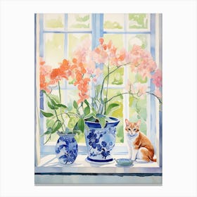 Cat With Peacock Orchid Flowers Watercolor Mothers Day Valentines 2 Canvas Print