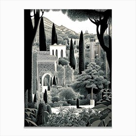 Gardens Of Alhambra, Spain Linocut Black And White Vintage Canvas Print