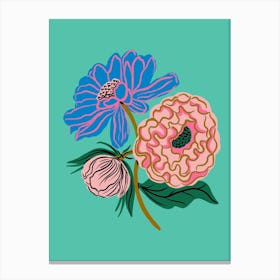 Pink And Blue Flowers on teal Canvas Print