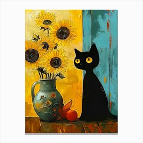 Black Cat With Sunflowers Canvas Print