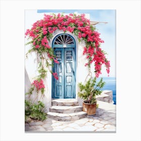 Santorini, Greece   Mediterranean Doors Watercolour Painting 3 Canvas Print