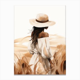 Woman In Hat Walking In The Field Canvas Print