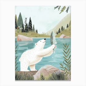 Polar Bear Catching Fish In A Tranquil Lake Storybook Illustration 1 Canvas Print