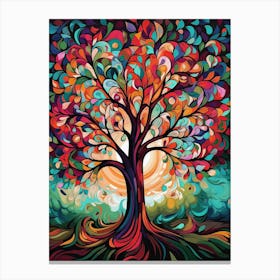 Oak Tree at Autumn Sunset, Abstract Vibrant Painting in Van Gogh Style Canvas Print