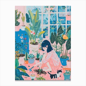 Girl Gardening Lo Fi Kawaii Illustration 4 Canvas Print