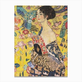 Woman With Fan, Colorful Vintage Klimt Woman Portrait Canvas Print