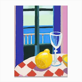 Painting Of A Lemons And Wine, Frenchch Riviera View, Checkered Cloth, Matisse Style 3 Canvas Print