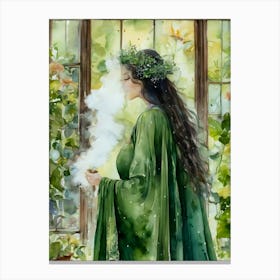 Communing With Plant Spirits ~ Shamanic Green Hedge Witch Nature Ally Smoking Witchy Ayahuasca DMT Datura Lotus Belladonna Trippy Watercolor Pagan Fairytale Gothic Artwork Painting Witchery HD Canvas Print